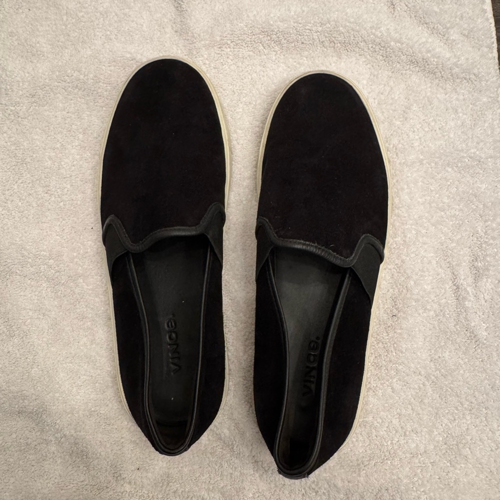 Vince Black suede snakeskin slip on. Used/good condition